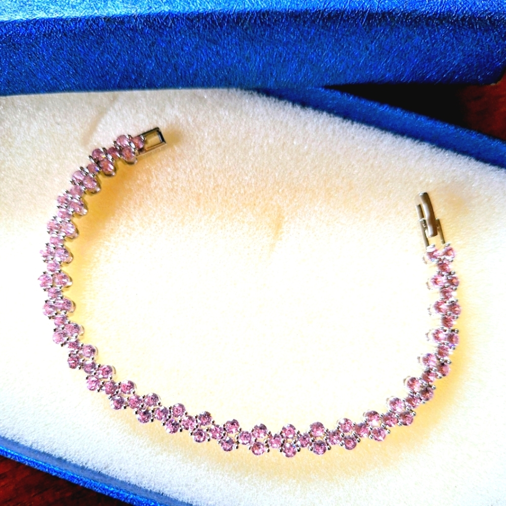 NWOT Delicate Silver Bracelet with Sparkling Pink Floral Diamond